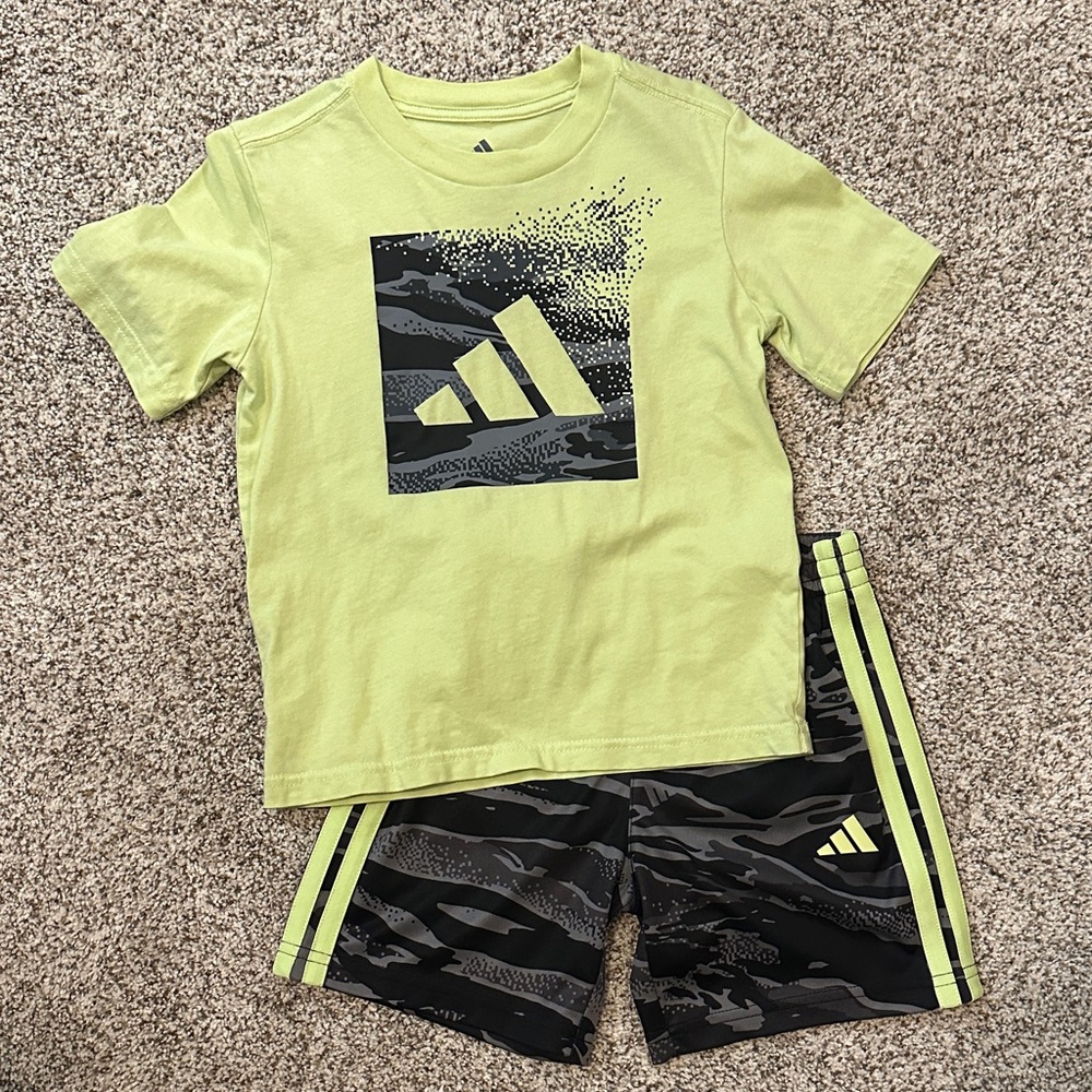 Adidas Neon Green Tee and Camo Shorts Set - 6